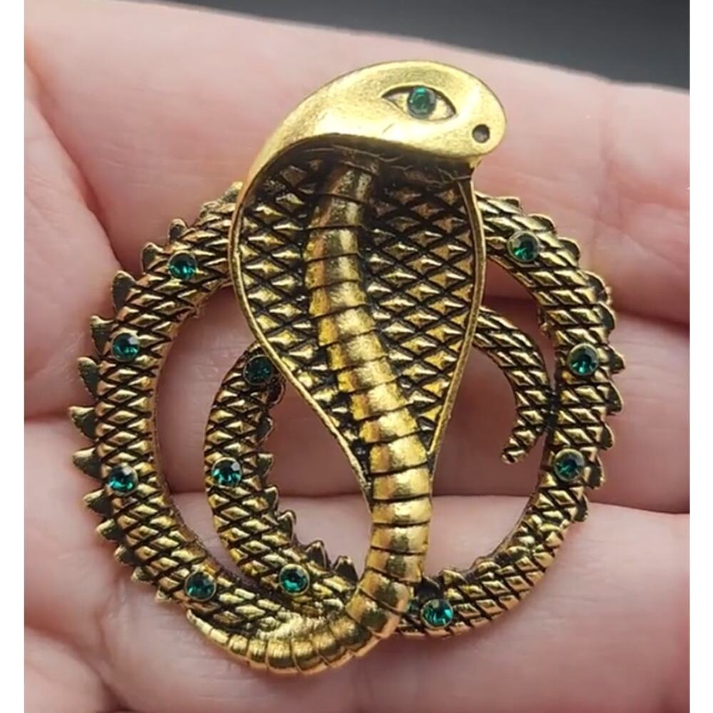 Cobra Snake Brooch Gold Metal with Green Rhinestone Accents Striking Pose